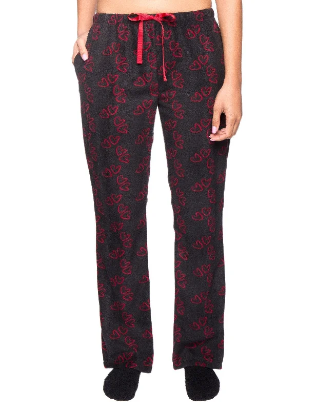 Womens Microfleece Lounge/Sleep Pants - Hearts Black/Red Relaxed Lounge Trousers