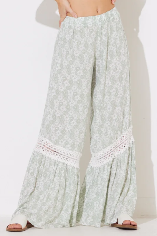 Sage & White Combo Ruffle Bottom Pants Relaxed High-Waist Trousers