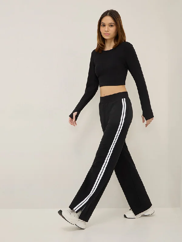 Studiofit Black Striped High-Rise Cotton Blend Track Pants Comfortable Denim Leggings