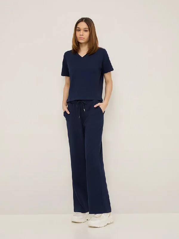 Studiofit Navy Seersucker High-Rise Track Pants Comfy Zip-Up Pants