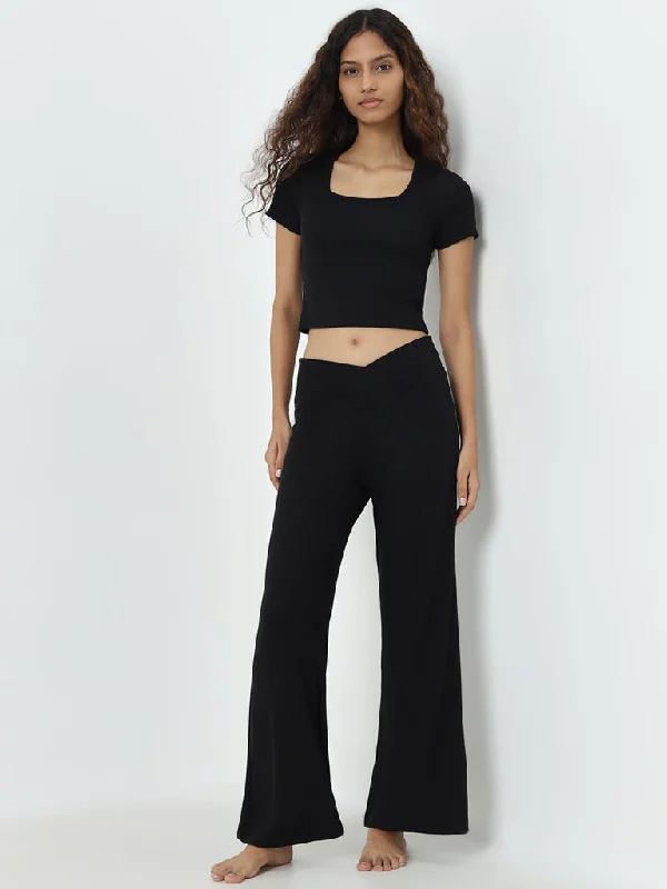 Superstar Black Ribbed Textured High-Rise Pants Comfortable Jogger Trousers