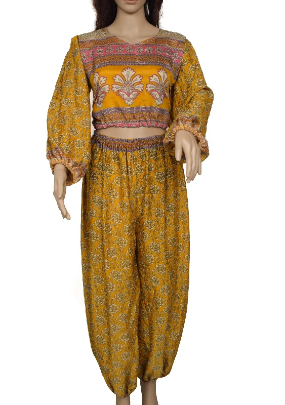 Sushila Vintage Blend Silk Sari upcycled Aladdin Pants Afghani Top Mustard Casual Lounge Pants