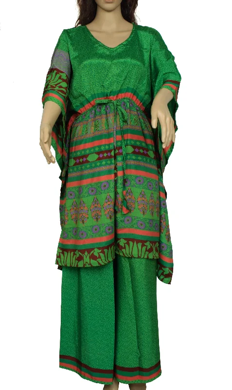 Sushila Vintage Blend Silk Sari upcycled Palazzo Pants & Kafhtan Top Set Green Cozy Maternity Pants