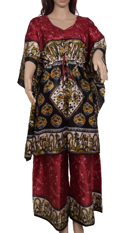 Sushila Vintage Blend Silk Sari upcycled Palazzo Pants & Kafhtan Top Set Maroon High-Waist Jogger Pants