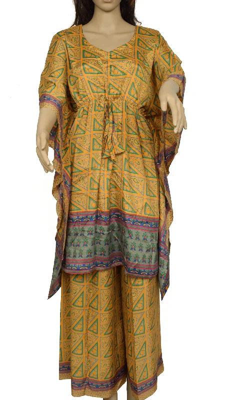 Sushila Vintage Blend Silk Sari upcycled Palazzo Pants & Kafhtan Top Set Mustard Stylish Paperbag Waist Pants