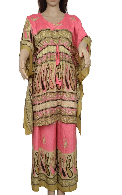 Sushila Vintage Blend Silk Sari upcycled Palazzo Pants & Kafhtan Top Set Pink Fashionable Jogger Pants