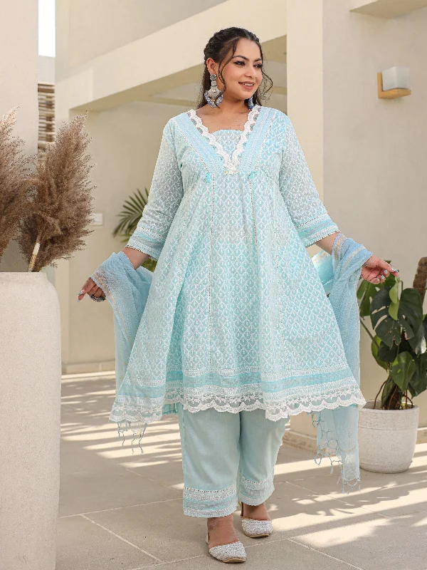 Juniper The Rooh Sky Blue Ethnic Motif Printed & Laced Pure Cotton Plus Size Anarkali Kurta Pants & Dupatta Set With Tassels Sequins & Buttons Chic Slim Fit Pants