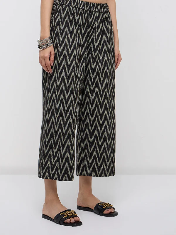 Utsa Black Chevron Ikat Printed Cotton Blend Ethnic Pants Trendy Velvet Pants