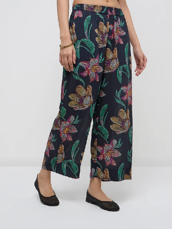 Utsa Black Floral Design High-Rise Ethnic Pants Classic Straight Pants