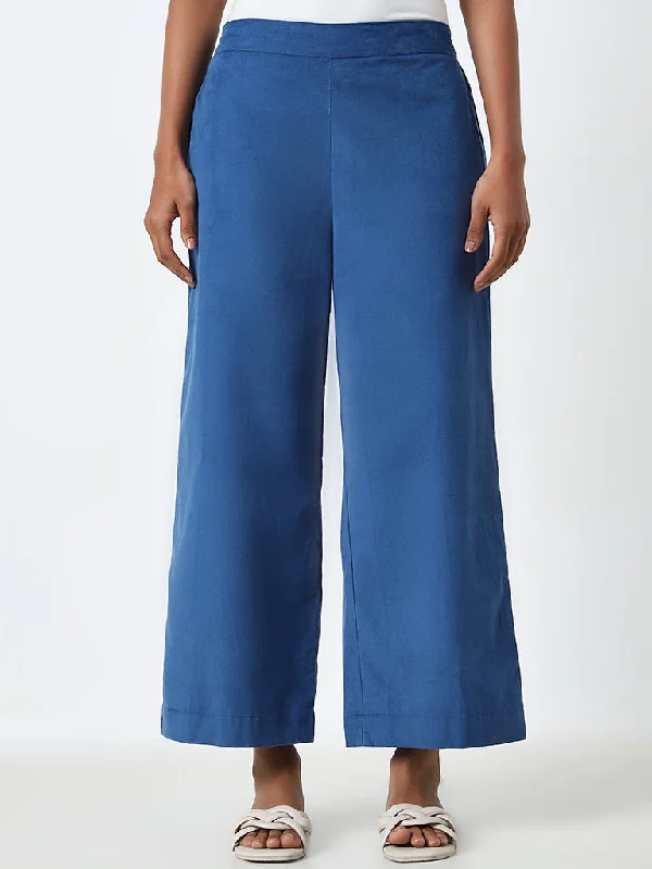 Utsa Blue Solid High-Rise Cotton Ethnic Pants Trendy High-Waist Trousers