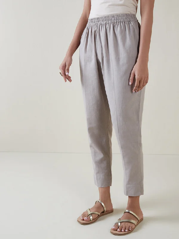 Utsa Dark Beige Tapered Blended Linen Cropped Pants Cozy Full-Length Pants