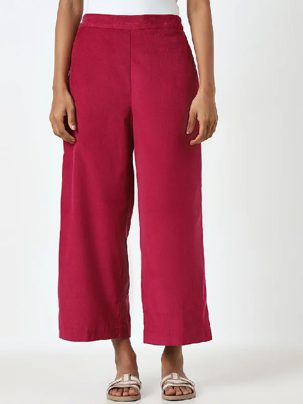 Utsa Dark Pink Solid High-Rise Cotton Ethnic Pants Fashionable Button-Up Pants