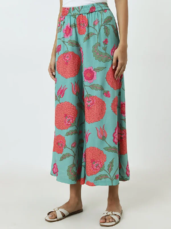 Utsa Light Teal Floral Printed High-Rise Ethnic Pants Comfortable Wide-Leg Pants