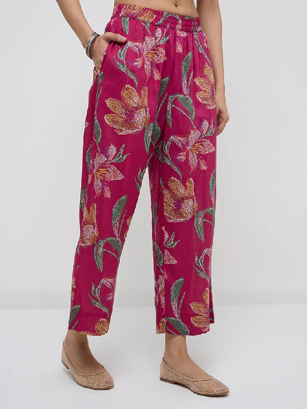 Utsa Magenta Floral Design High-Rise Ethnic Pants Classic Flared Pants