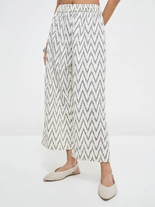 Utsa White Chevron Ikat-Printed Cotton Blend Ethnic Pants Relaxed Fit Trousers