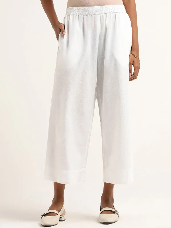 Utsa White Cotton Straight-Leg Pants Elegant High-Waist Pants