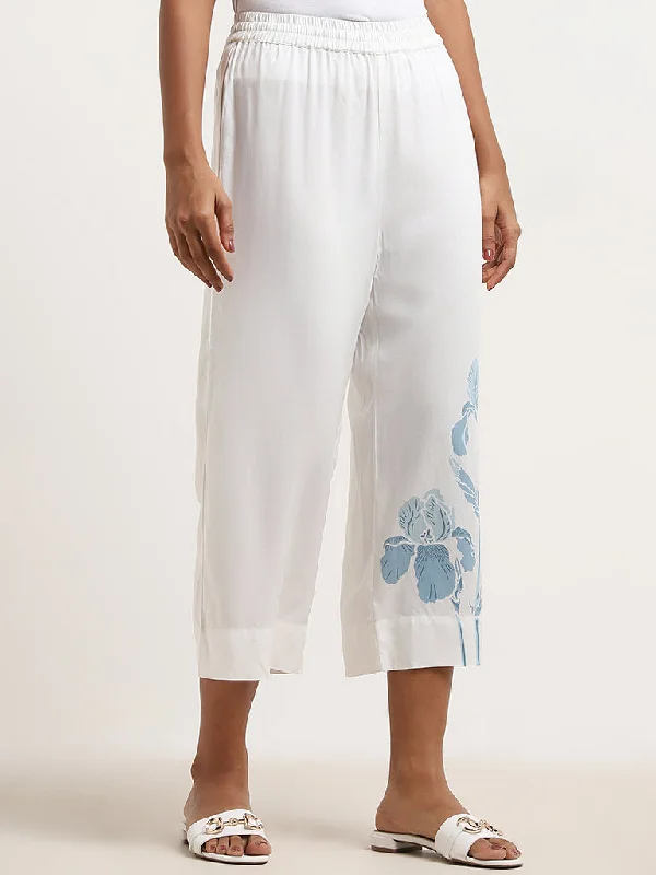 Utsa White Floral Printed High-Rise Ethnic Pants Warm Wool Trousers