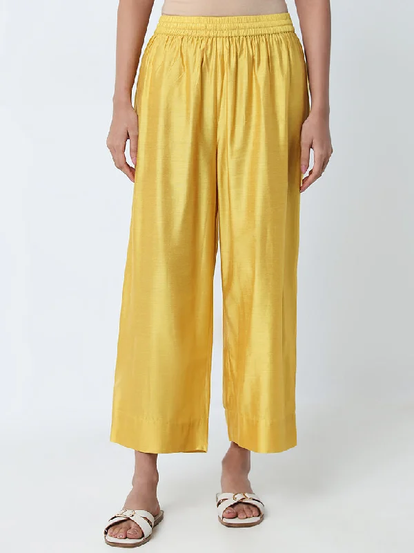 Utsa Yellow Solid High-Rise Ethnic Pants Relaxed Linen Pants