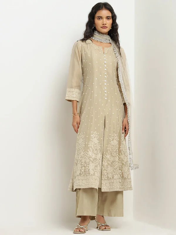 Vark Beige Embroidered A-Line Kurta, Pants and Dupatta Set Soft Wool Pants