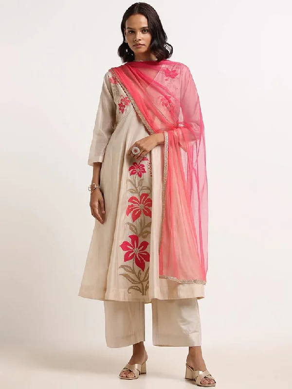 Vark Beige Embroidered Kurta, Pants & Dupatta Set Trendy Printed Pants