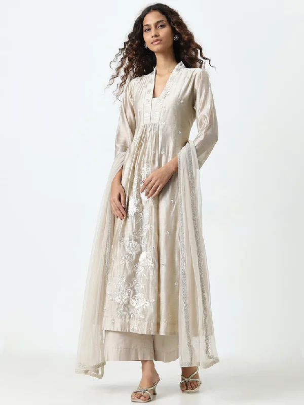 Vark Beige Floral Embroidered Kurta, Pants and Dupatta Set Comfy High-Waist Jeans