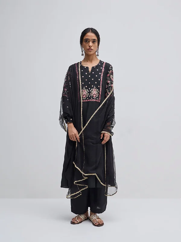 Vark Black Embroidered A-Line Kurta, Pants and Dupatta Set Casual Skinny Fit Pants