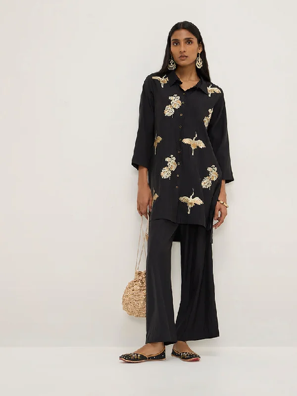 Vark Black Embroidered High-Low Tunic and Pants Set Formal Wide-Leg Pants