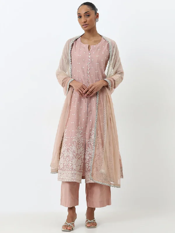 Vark Blush Pink Embroidered Kurta, Pants and Dupatta Set Cozy Full-Length Pants