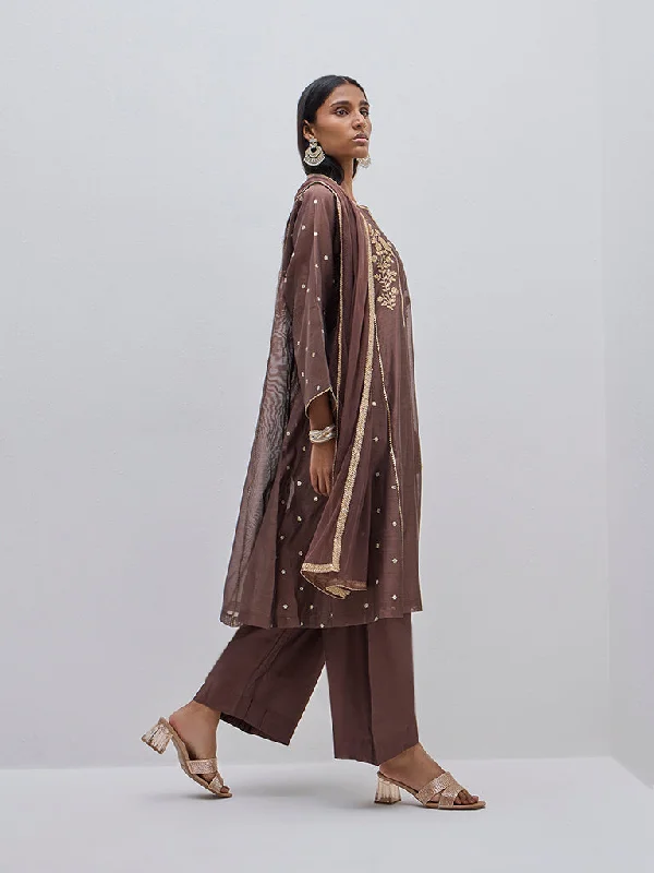 Vark Brown A-Line Kurta, Inner, Pants and Dupatta Set Stylish Paperbag Waist Pants