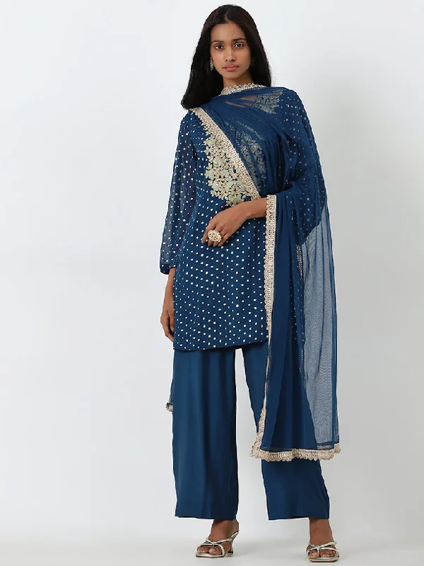 Vark Indigo Embroidered A-Line Kurti, Pants & Dupatta Set Soft Stretch Trousers