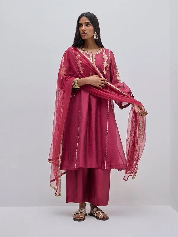 Vark Magenta A-Line Kurta, Inner, Pants and Dupatta Set Cozy Fitted Pants