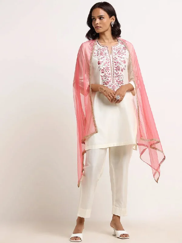 Vark Off-White Embroidered Kurta, Pants & Dupatta Set Stretch Fit Pants