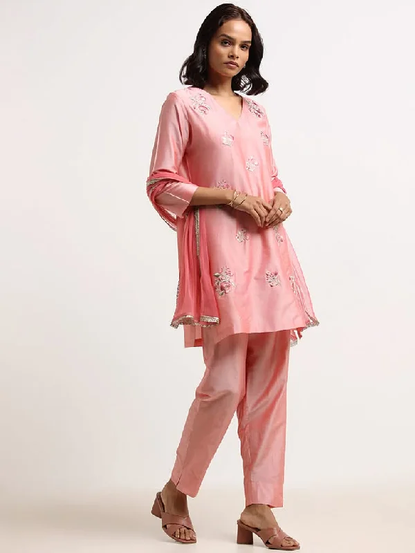 Vark Pink Embroidered Kurta, Pants & Dupatta Set Comfortable Denim Pants