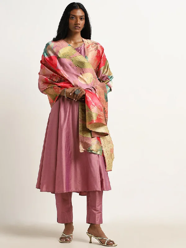 Vark Pink Floral Printed A-Line Kurta, Pants & Dupatta Set Elegant Silk Pants