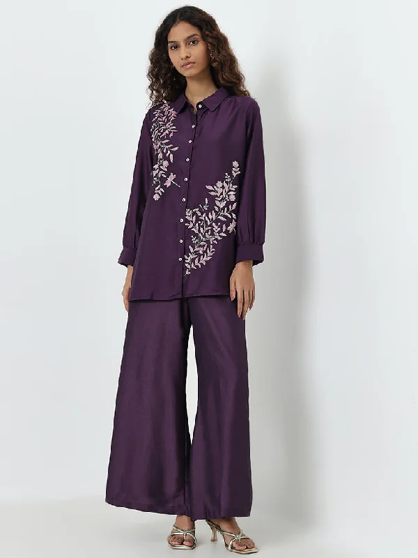 Vark Purple Embellished Straight Tunic and Pants Set Sleek Black Pants