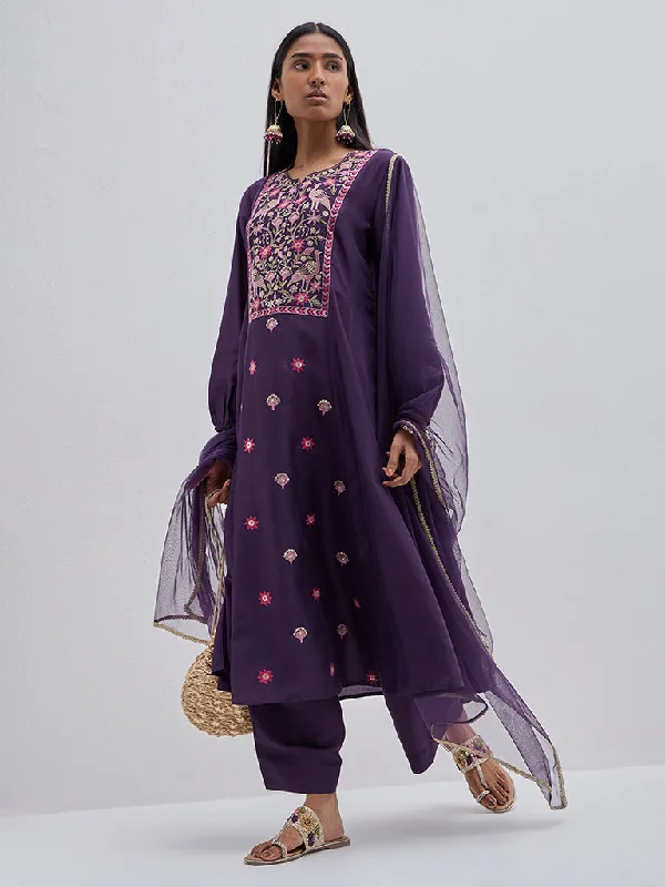 Vark Purple Embroidered Kurta, Pants and Dupatta Set Chic Faux Leather Pants