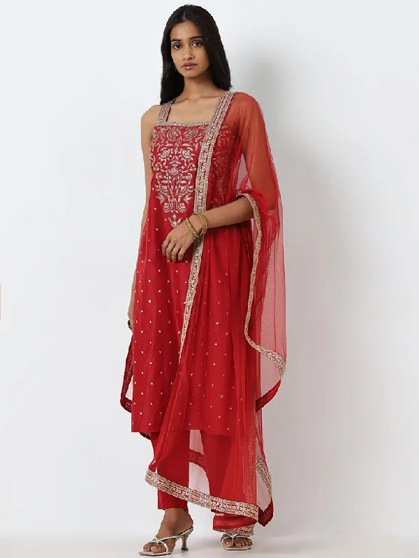 Vark Red Embroidered Straight Kurta, Pants and Dupatta Set Formal Wide-Leg Pants