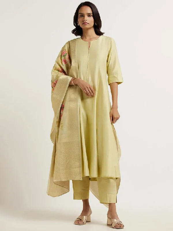 Vark Solid Lime Kurta, Straight Pants & Floral Printed Dupatta Set Trendy Wide-Legged Trousers