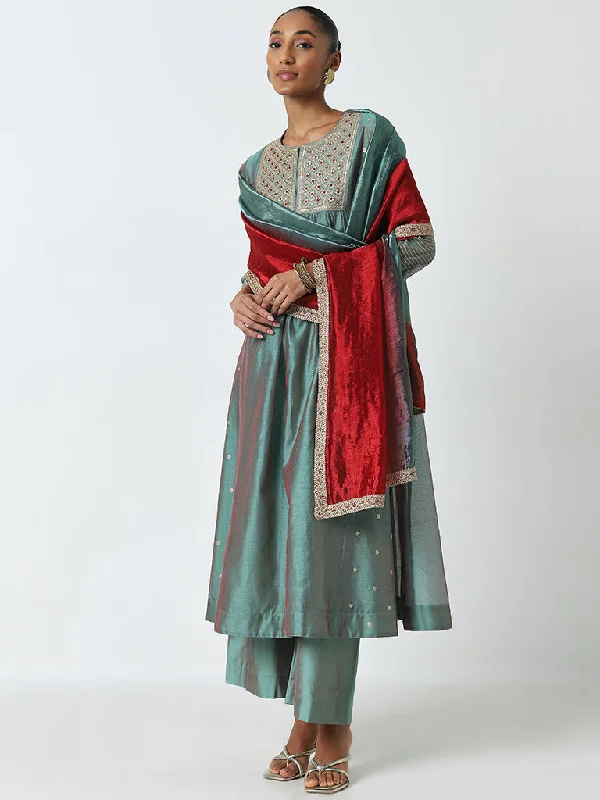 Vark Teal Embroidered Kurta, Ethnic Pants and Dupatta Set Chic Black Leggings