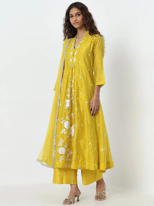 Vark Yellow Floral Embroidered Kurta, Pants and Dupatta Set Slim-Fit Khaki Pants