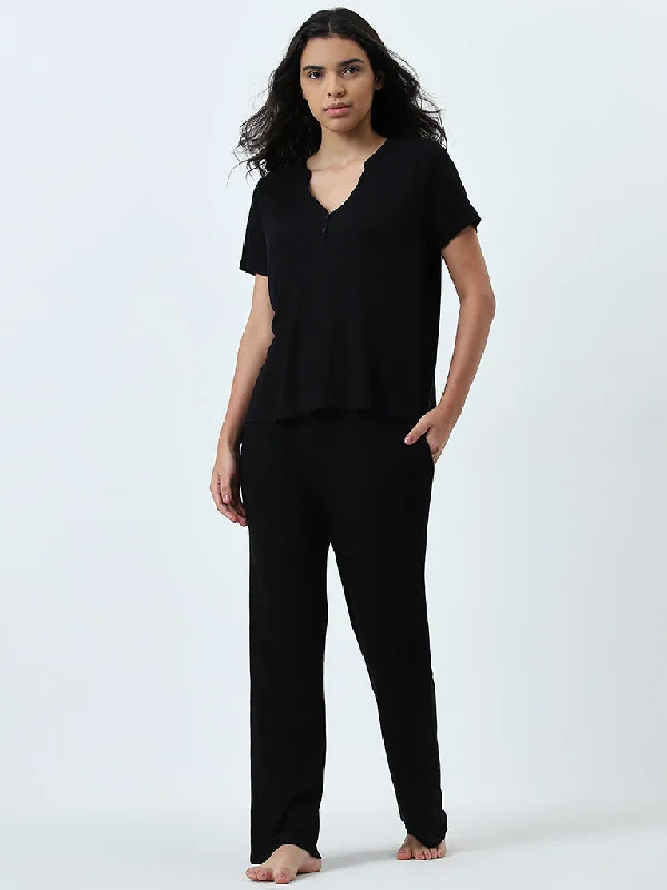 Wunderlove Black Supersoft Ribbed Textured High-Rise Pants Fashionable Work Pants