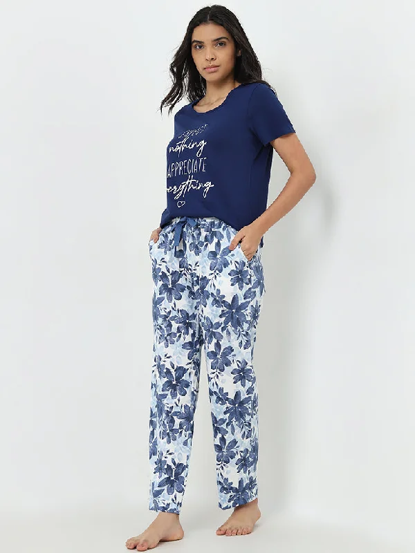 Wunderlove Blue Floral Print High-Rise Cotton Lounge Pants Lightweight Jogger Pants