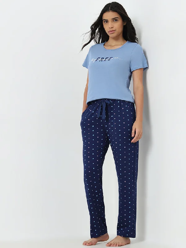 Wunderlove Navy Heart Printed High-Rise Cotton Lounge Pants Fashionable Track Pants