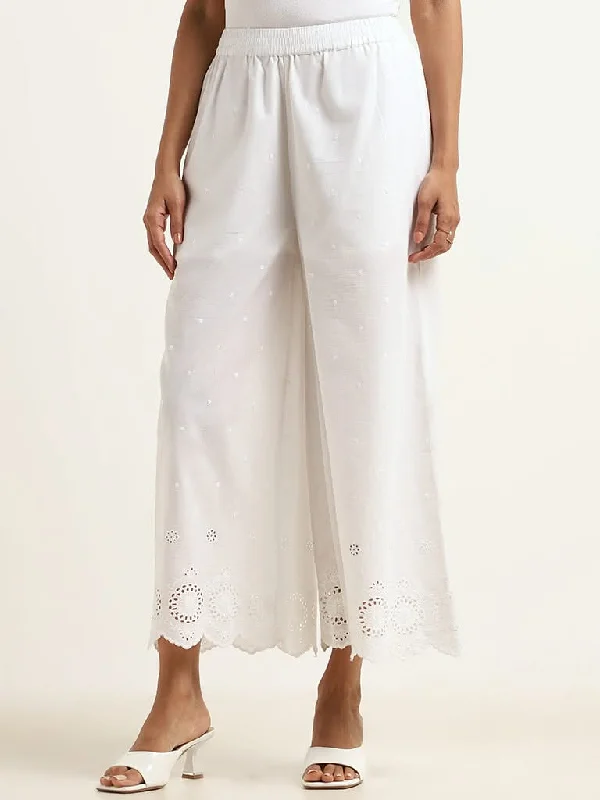 Zuba White Cotton Schiffli Pants Comfy Zip-Up Pants