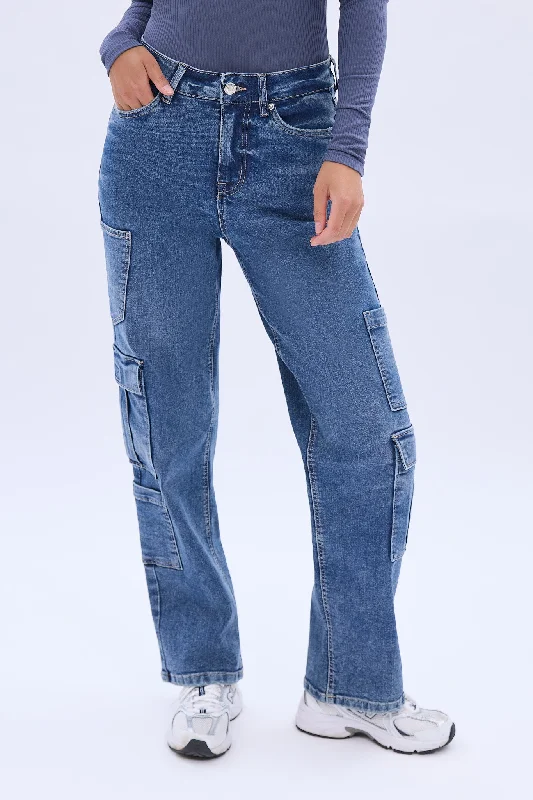 High Rise Cargo Baggy Straight Jean Trendy Wide-Legged High-Waist Jeans