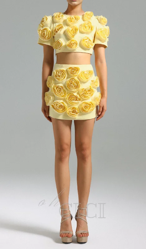 3D FLOWER BUBBLE SLEEVE TOP SKIRT SUIT IN YELLOW a-line skirt cut