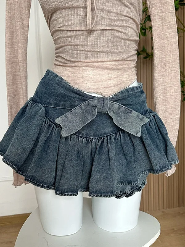 A-line Women Denim Blue Jean Skirts Shorts Summer Bow Hot Girls Mini Skirt Streetwear Sexy Y2k Irregular Kawaii Coquette athletic skirt fit