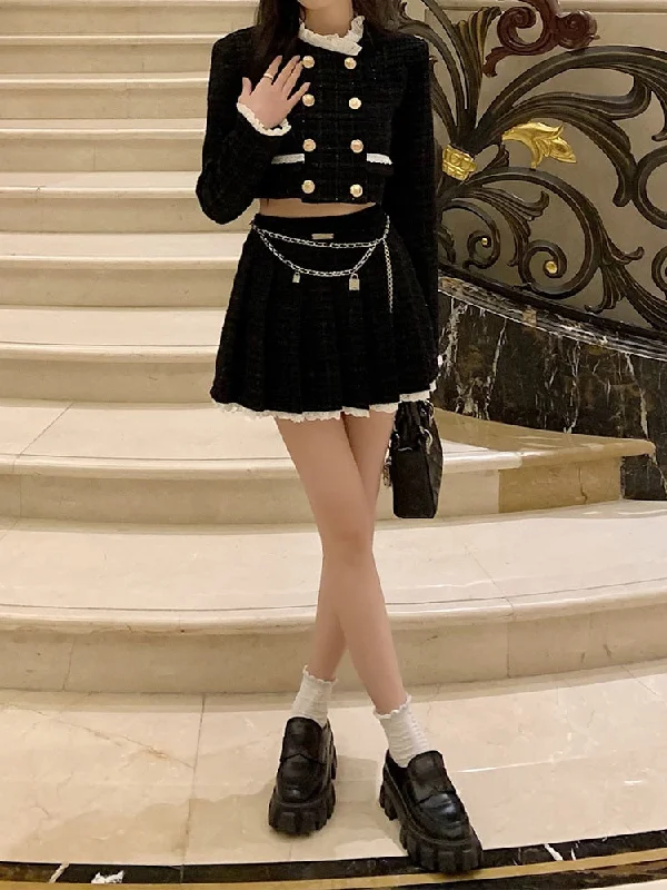 Autumn Elegant Two Piece Skirt Set Women Button Pleated Y2K Mini Skirt Suit Female Casual Korean Fashion Designer Skirt Set casual skirt length