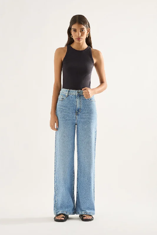 Ellie High Rise Wide Leg Jean - Era Blue Fashionable Frayed Hem Denim