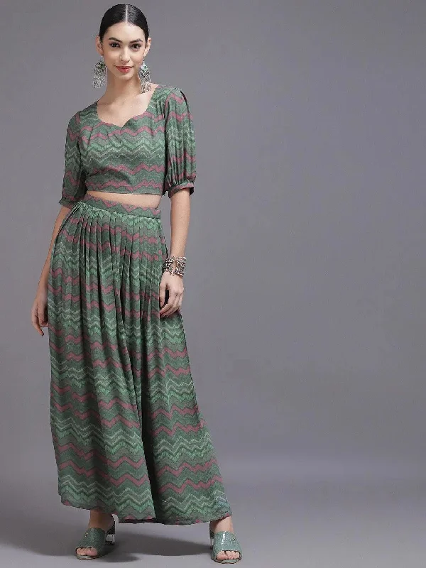 Green Printed Georgette Top With Skirt cotton skirt soft